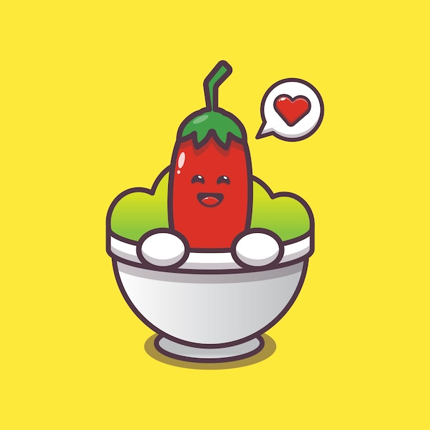 Cute chilli in bowl cartoon illustration