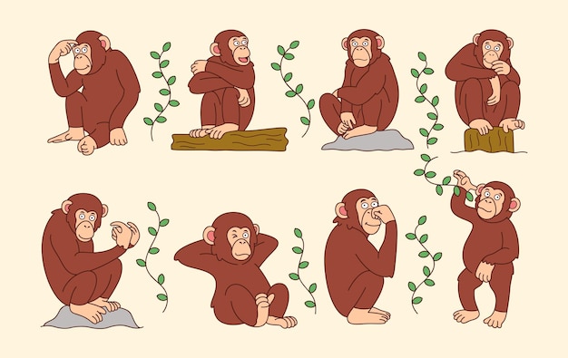 Vettore simpatico cartone animato di scimpanzé con posa divertente. illustrazione dell'icona animale primate, isolata su vettore premium