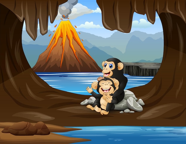 Cute a chimpanzee with her cub in the cave