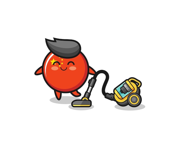 Cute china flag holding vacuum cleaner illustration , cute design
