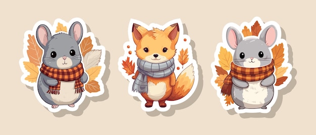 Cute chinchilla and fox in a scarf autumn sticker vector isolated with fallen leaves cartoon animals