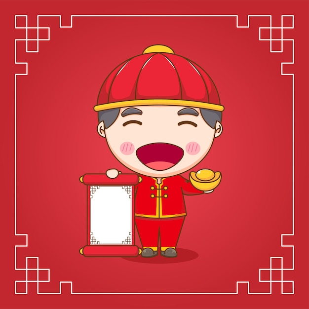 Милый китайский мальчик держит слиток золота и пустой бумажный мультипликационный персонаж плоский дизайн иллюстрация