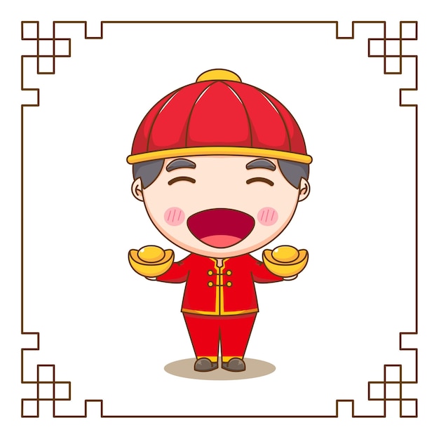 Cute Chinese boy holding ingot gold chibi cartoon character Flat design illustration