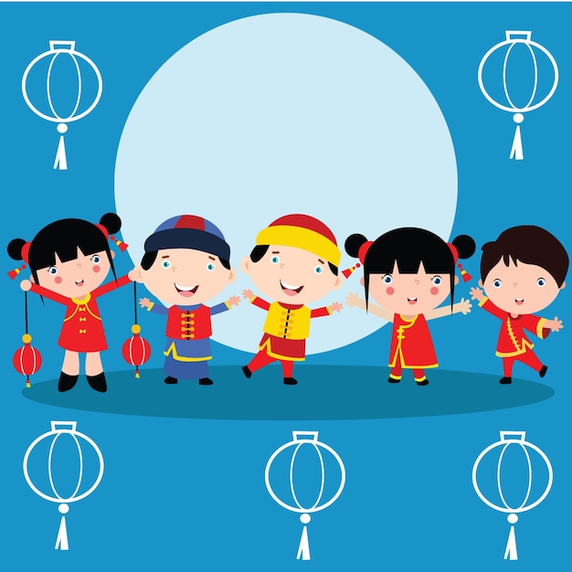  Cute Chinese cartoon kid illustration set. Chinese greeting card poster design