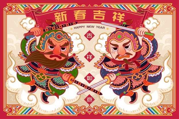 Vector cute chinese door gods standing upon the clouds with auspicous new year written in chinese words