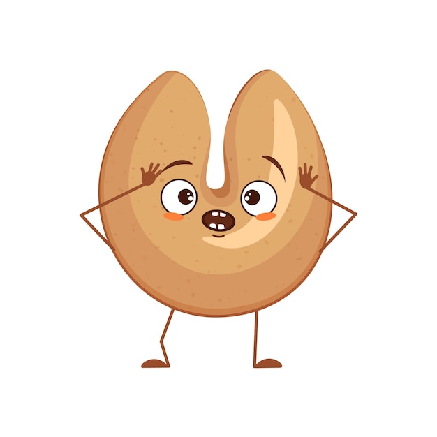 Vector cute chinese fortune cookies character with emotions in a panic grabs his head face arms and legs th...