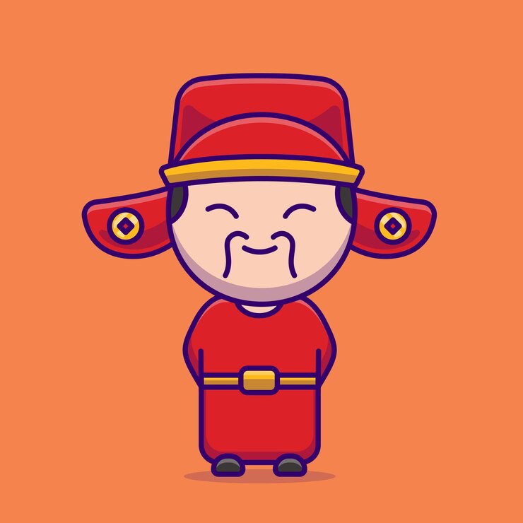 Vector cute chinese fortune god holding gold cartoon vector illustration chinese lunar new year concept icon isolated