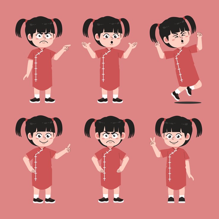 Vector cute chinese girl cartoon character collections set