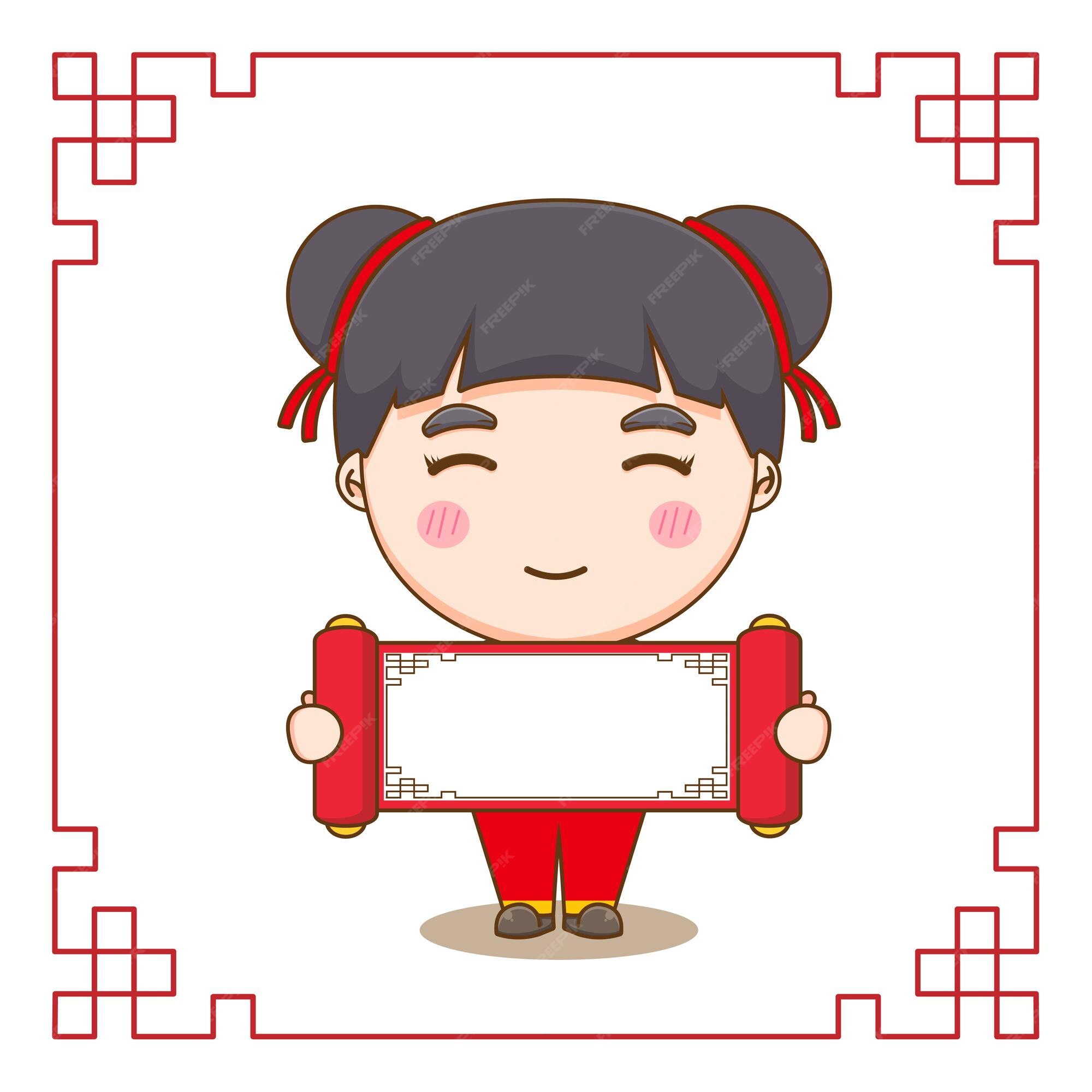 Premium Vector | Cute chinese girl cartoon character holding empty paper