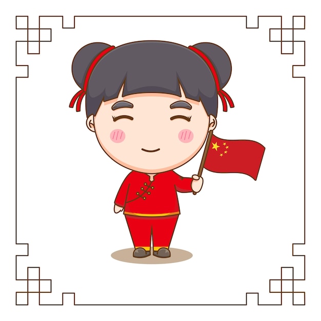 Cute Chinese girl cartoon character holding flag