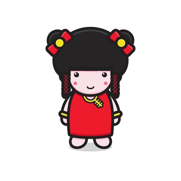 かわいい中国の女の子のキャラクターの笑顔。白い背景で隔離のデザイン