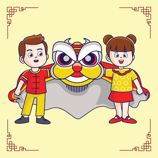 Cute chinese kids vector lunar new year