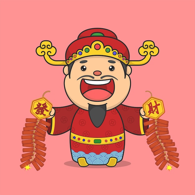 Vector cute chinese new year fortune god holding firecracker