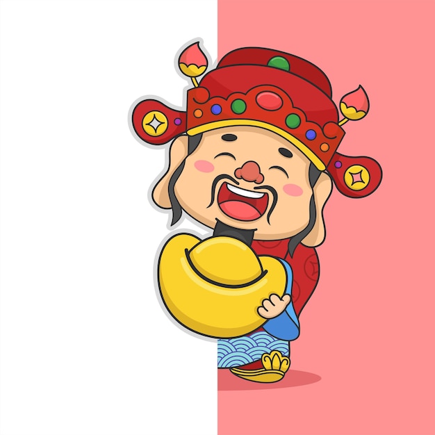 Vector cute chinese new year fortune god holding money hiding