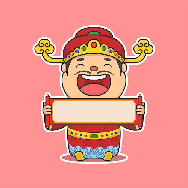 Vector cute chinese new year fortune god holding scroll