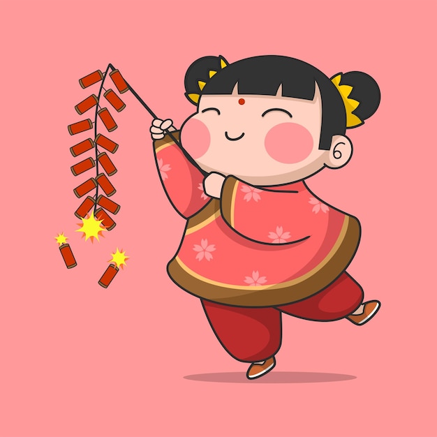 Cute chinese new year girl playing firecracker
