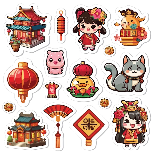 Cute Chinese New Year sticker set printable vector illustration
