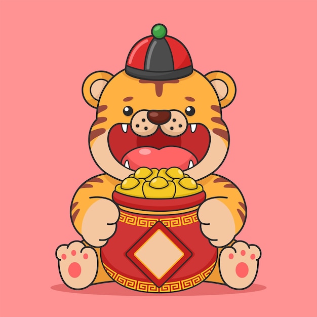 Cute chinese new year tiger holding gold money pot