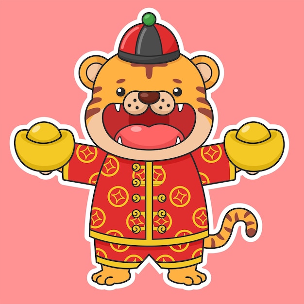 Cute chinese new year tiger holding two gold money