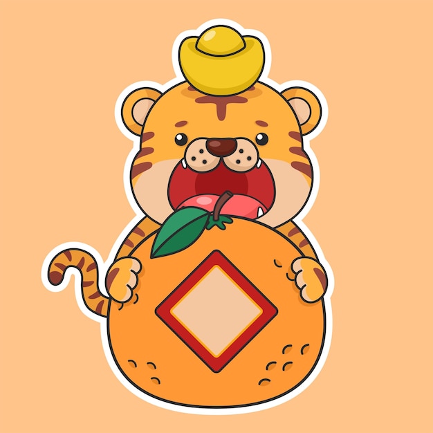 Cute chinese new year tiger with big tangerine orange