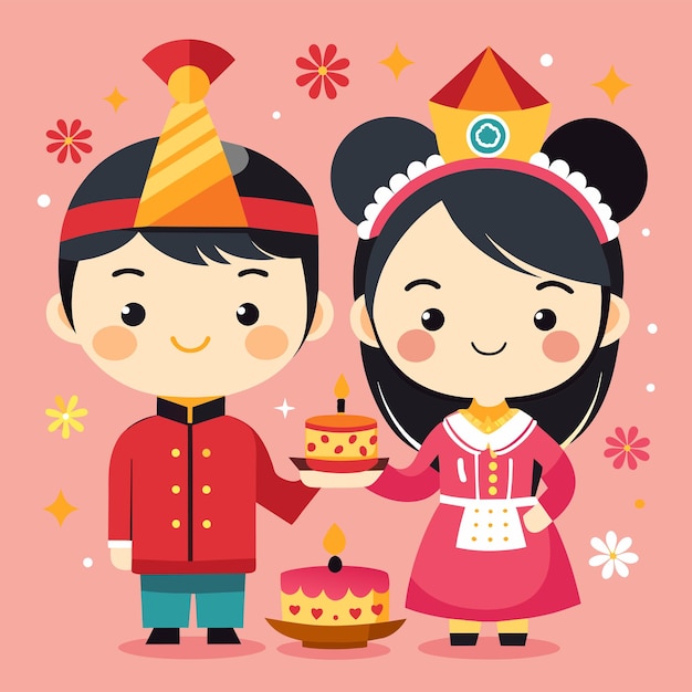 Vector cute chinese new year woman and man chibi pastel 8