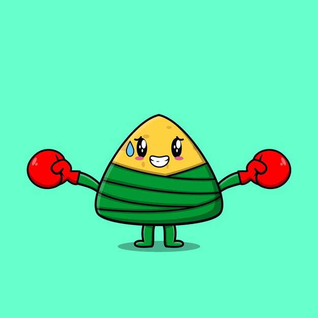 Cute chinese rice dumpling mascot cartoon playing sport with boxing gloves and cute stylish design