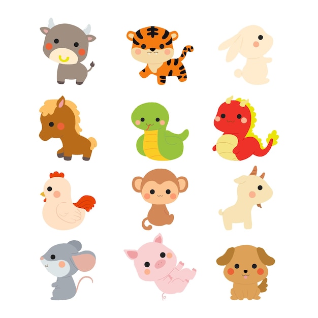 Vettore set di simpatici animali dello zodiaco cinese