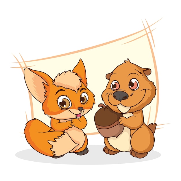 Cute chipmunk and fox comic cartoon characters