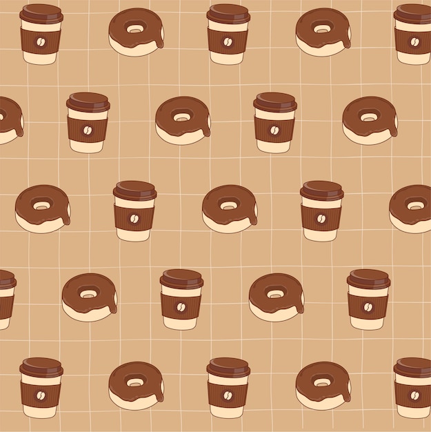 Carino ciambella al cioccolato e tazza di caffè modello doodle senza cuciture