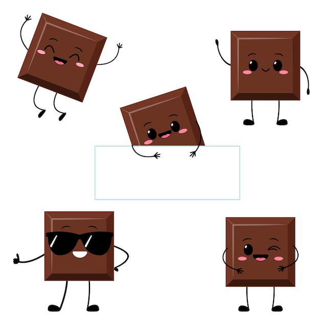 Cute chocolate piece characters with funny face Happy dark or milk chocolate bar emoji set Cartoon kawaii sweet food emoticon vector illustration