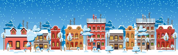 벡터 귀여운 크리스마스와 겨울의 집들 눈이 내린 밤에 아한 크리스마스 타운 파노라마