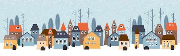 Вектор Милые рождественские и зимние дома снежная ночь в уютном