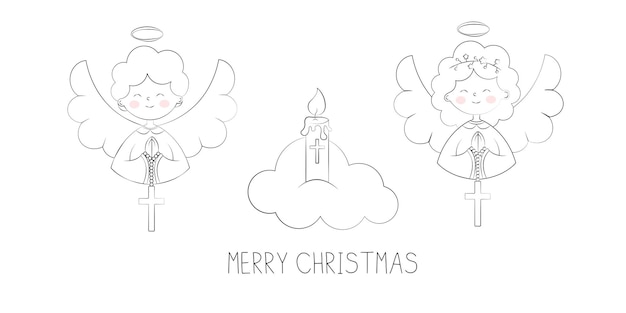 Vettore carino natale angeli ragazzo e ragazza che pregano sulla nuvola buon natale saluto illustrazione vettoriale in stile doodle