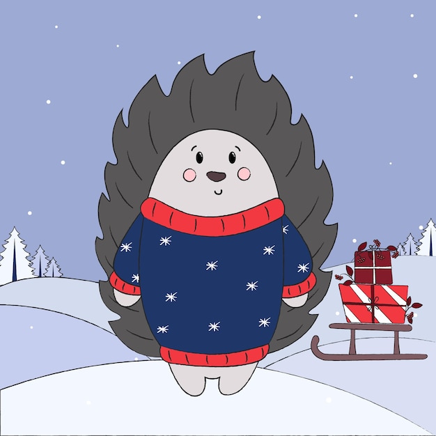 귀여운 크리스마스 동물, 산타의 도우미, 북극곰, 여우, 고슴도치와 함께 크리스마스 그림