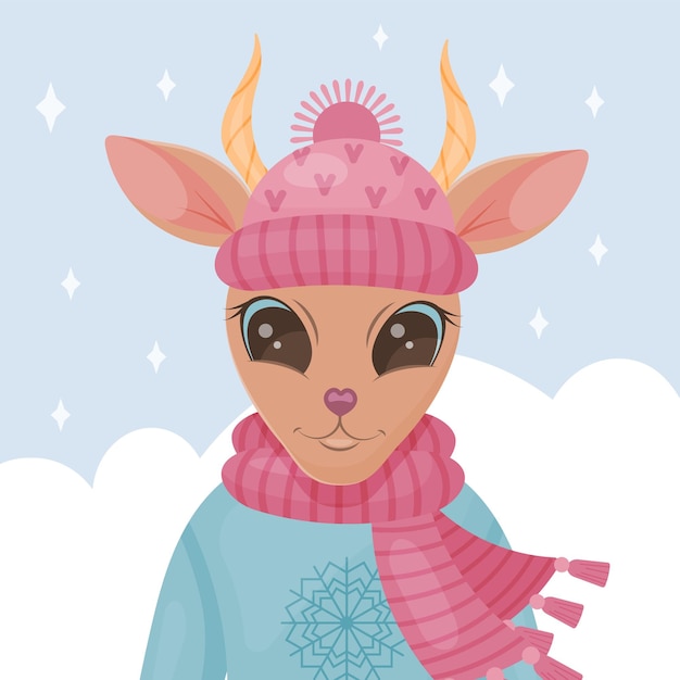 Cute christmas antelope with hat sweater and scarf Winter postcard Vector illustration Cartoon style