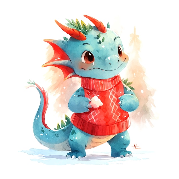 Cute Christmas blue dragon in watercolor style on white background