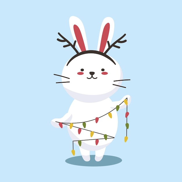 Cute Christmas bunny Flat cartoon illustration of a little white rabbit isolated on a blue background Vector 10 EPS