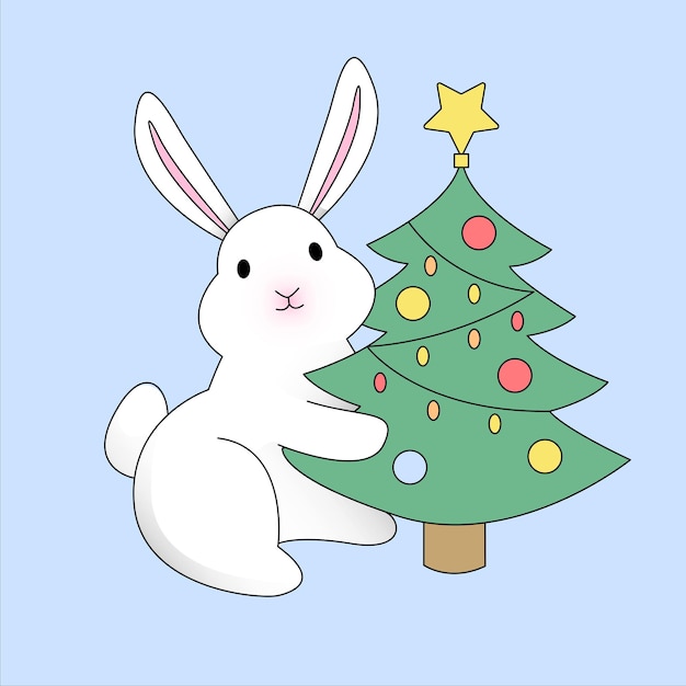 Vector cute christmas bunny. rabbit, symbol of 2023. white christmas rabbit with christmas tree.