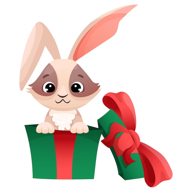 Cute christmas bunny with big green gift box new year present and happy rabbit for banner design vector cartoon hand drawn illustration