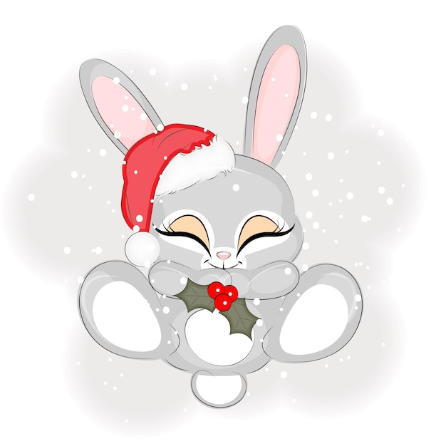 Cute Christmas bunny with holly symbol of the new year vector illustration