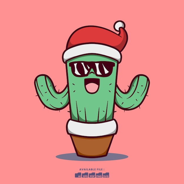 Cute Christmas Cactus Cartoon Illustration