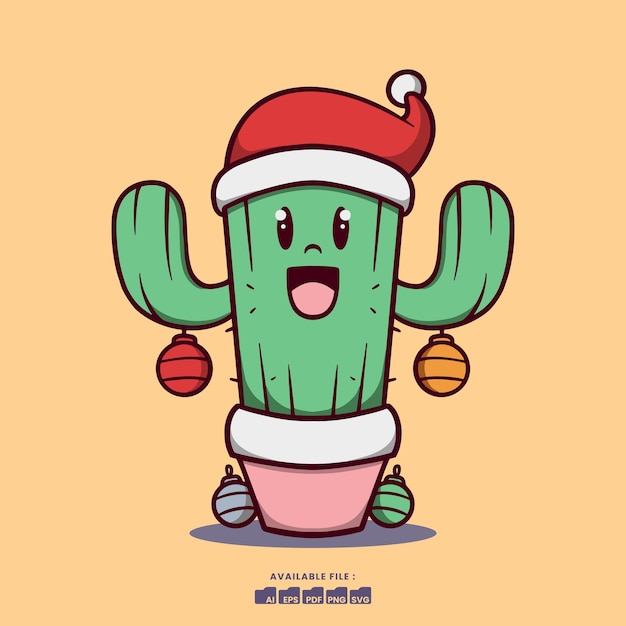 Cute Christmas Cactus Cartoon Illustration