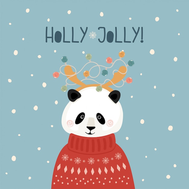 Cute Christmas card with Panda in sweater with horns and garland in flat style