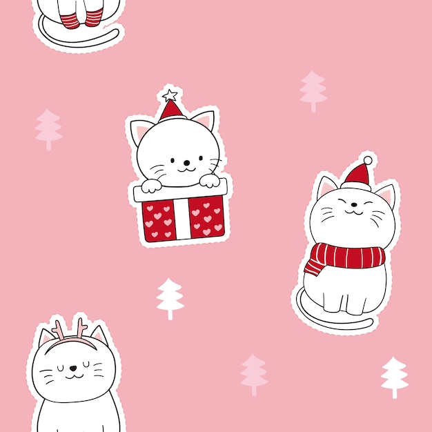 Симпатичный рождественский кот мультяшный каракули бесшовные модели на розовой пастели Premium векторы