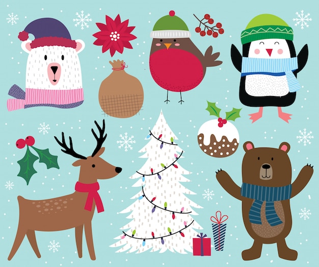 向量可爱圣诞人物,驯鹿,树,企鹅,熊,罗宾和圣诞装饰品装饰