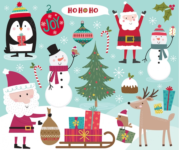 Cute Christmas character, Santa Claus, snowman, penguin, robin and Christmas ornament decoration