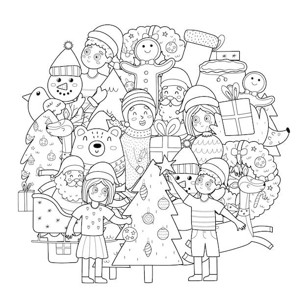 Vector cute christmas characters circle shape pattern for coloring book