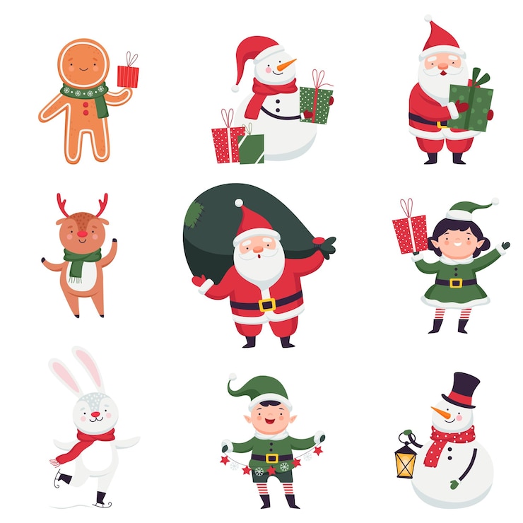 Vector クリスマスの可愛いキャラクターコレクション 面白いサンタクロース ジンジャーブレッド スノーマン 狐 エルフ ウサギ 鹿 カートゥーンスタイル ベクトルイラスト