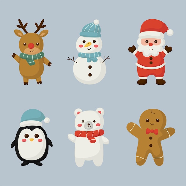 cute christmas characters elements set isolated on blue background