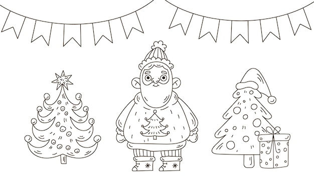 Vector cute christmas coloring page with santa claus xmas tree and garland in doodle style